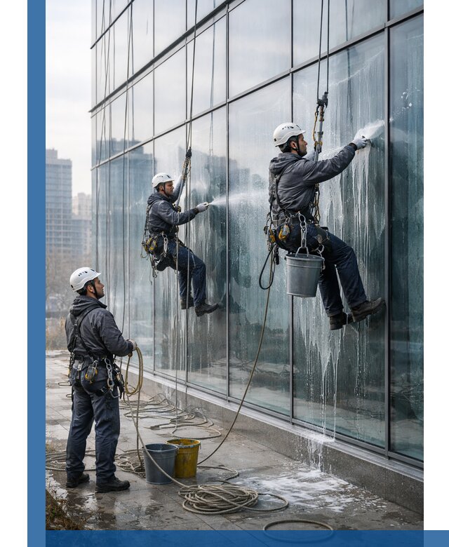 Промышленная мойка панорамных окон на высоте в Искитиме