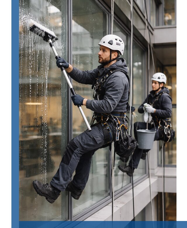 Профессиональная мойка витражей промышленными альпинистами в Искитиме