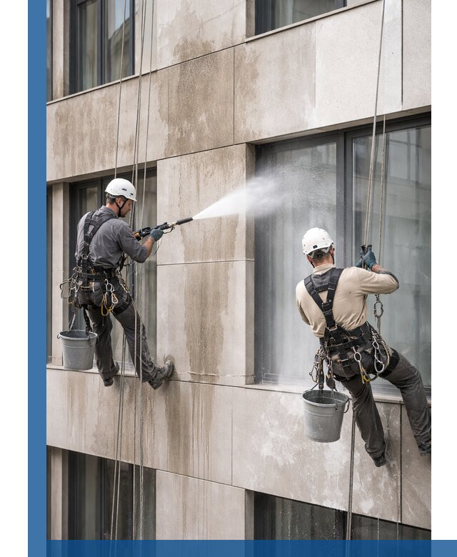 Послестроительная мойка фасада промышленным альпинизмом в Искитиме