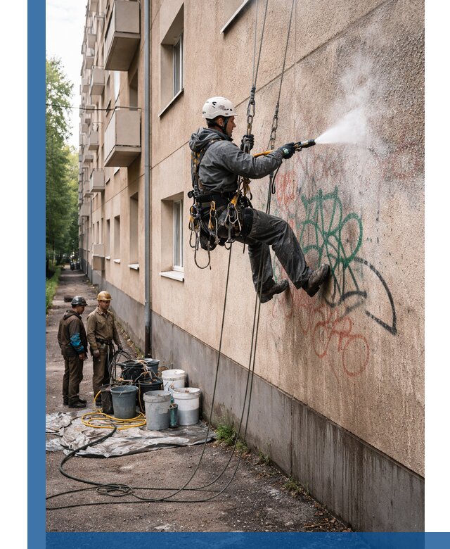 Удаление граффити с фасада в Искитиме без следов и повреждений