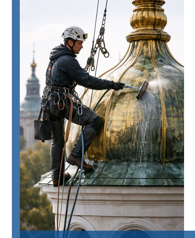 Профессиональная мойка куполов и шпилей высотными альпинистами в Искитиме