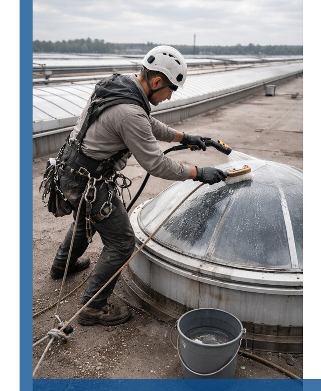 Мойка зенитных фонарей на кровле для промышленных объектов в Искитиме