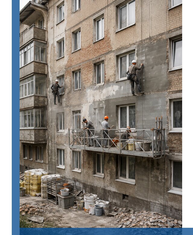 Капитальный ремонт фасада в Искитиме с восстановлением и гидроизоляцией