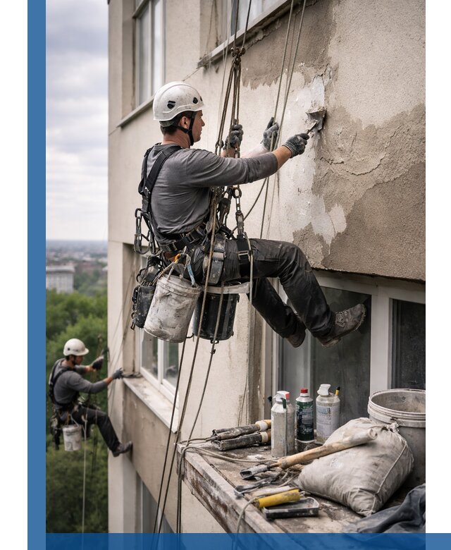 Косметический ремонт фасада зданий в Искитиме промышленными альпинистами