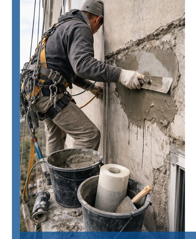 Ремонт бетонных элементов фасада промышленными альпинистами в Искитиме