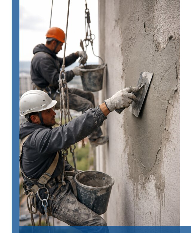 Штукатурка фасада на высоте в Искитиме профессиональные работы