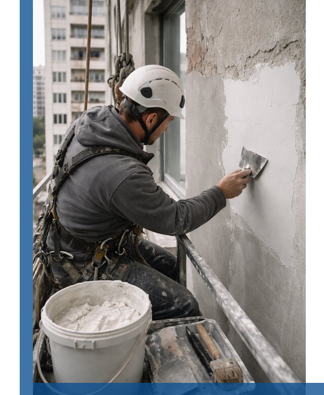 Шпаклевка фасадов на высоте с промальпинистами в Искитиме