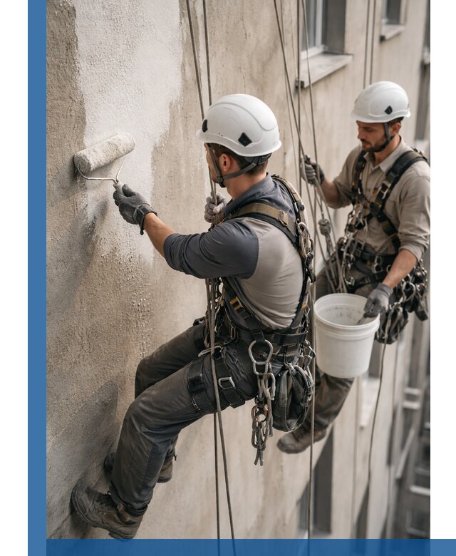 Грунтовка фасада на высоте в Искитиме промышленными альпинистами