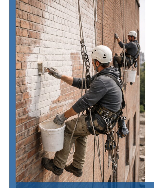 Покраска кирпичного фасада с доступным альпинистским сервисом в Искитиме