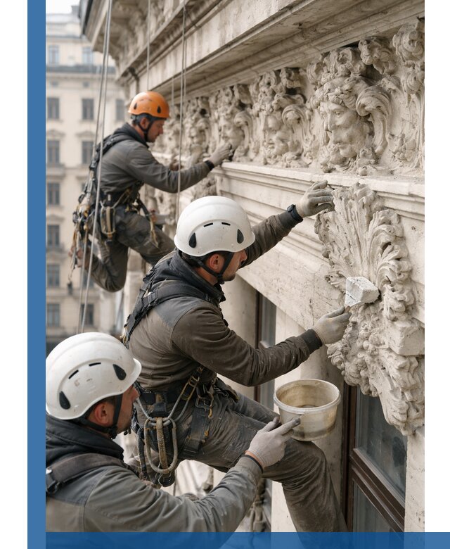 Реставрация фасадной лепнины с высотными работами в Искитиме