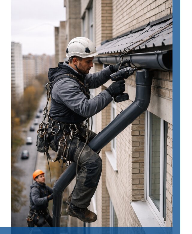 Монтаж водосточной системы на здании в Искитиме от 5096 р. | ВЫСОТНИК-Скм