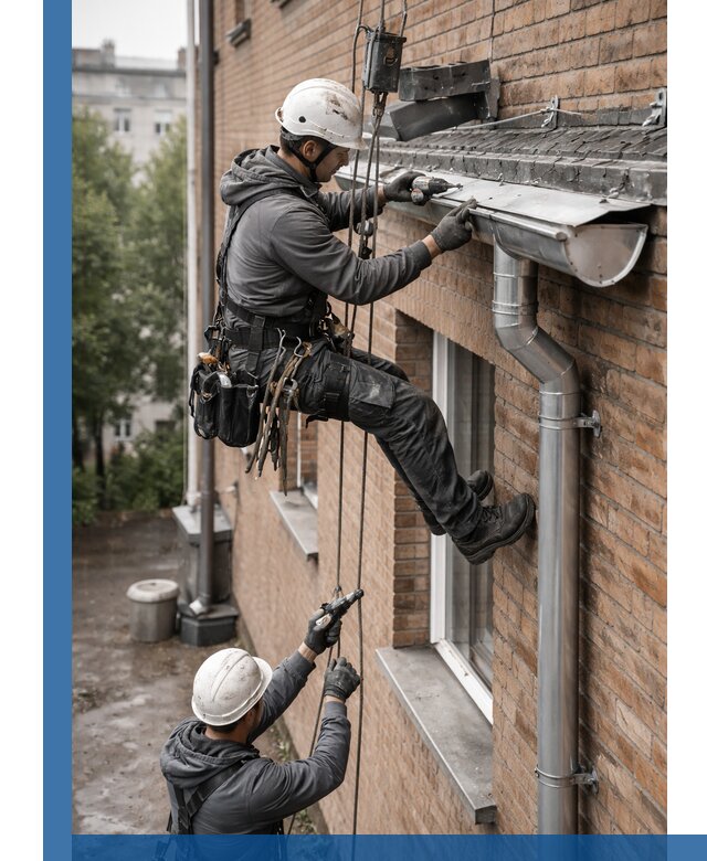 Монтаж водосточной системы на здании в Искитиме под ключ