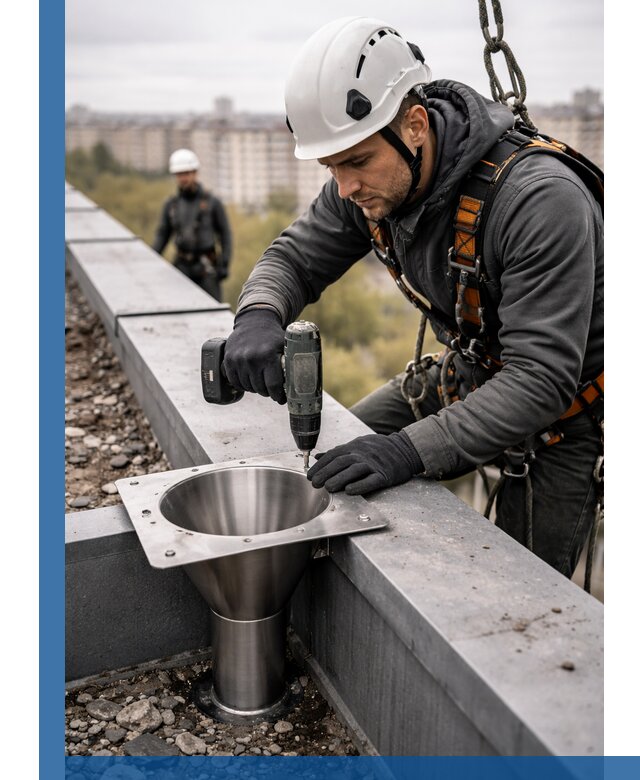 Монтаж водосточных воронок в Искитиме для промышленных зданий