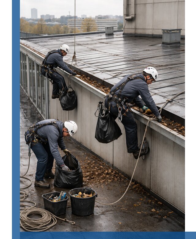 Очистка кровли по периметру в Искитиме силами промышленных альпинистов