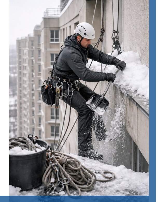 Очистка карнизов от снега в Искитиме от 306 р. | ВЫСОТНИК-Скм