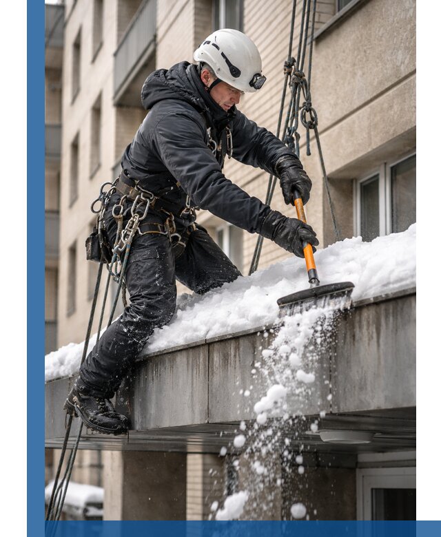 Очистка козырьков от снега в Искитиме круглогодично безопасно