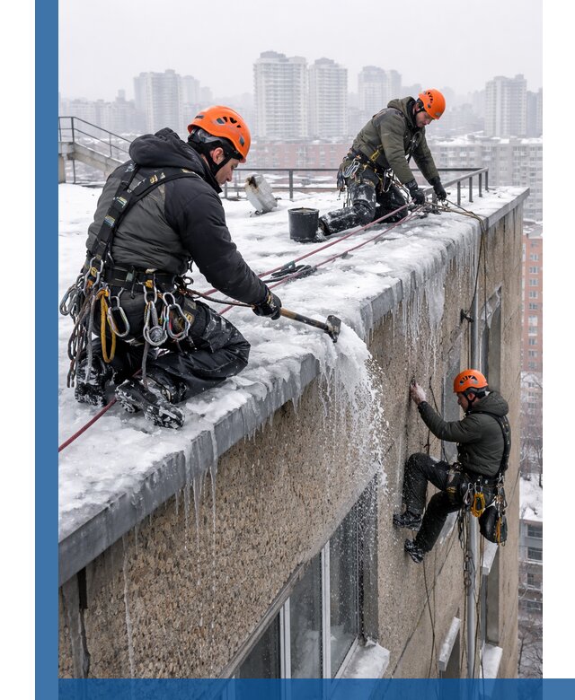 Удаление наледи с кровли в Искитиме промышленными альпинистами