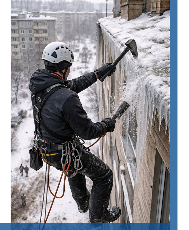 Сбивание сосулек с крыши в Искитиме по цене от 4586 р. | ВЫСОТНИК-Скм