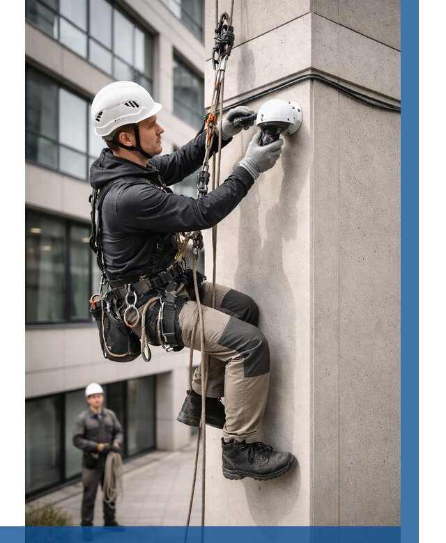 Монтаж камер видеонаблюдения на фасаде в Искитиме от 8663 р.-ВЫСОТНИК-Скм