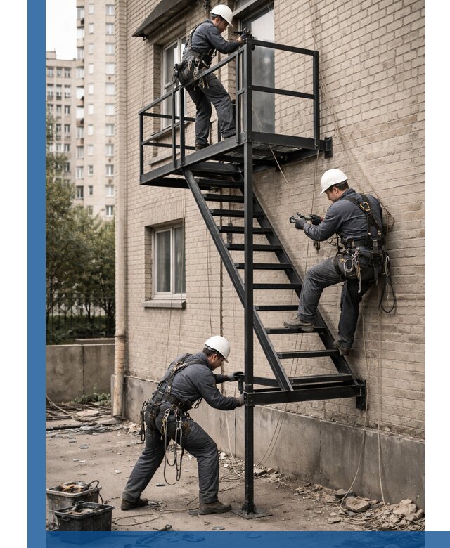 Монтаж пожарной лестницы в Искитиме, установка и крепление