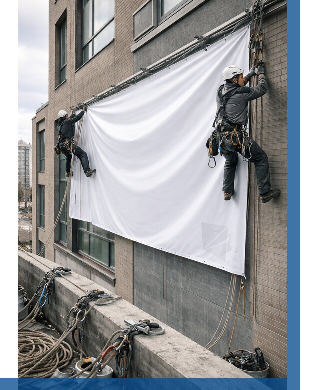 Монтаж баннеров на фасаде в Искитиме от 662 р. заказать ВЫСОТНИК-Скм