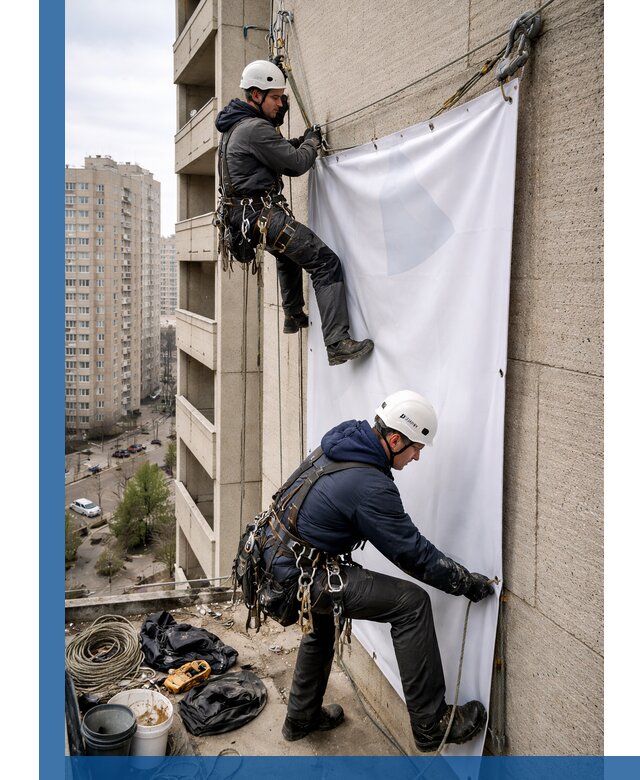 Профессиональный монтаж баннеров на фасаде в Искитиме