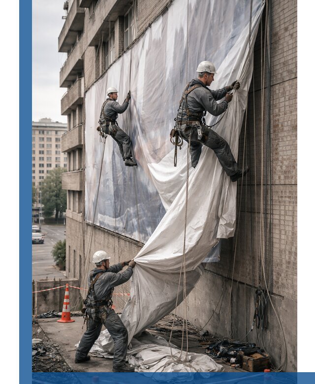 Демонтаж баннеров с фасада в Искитиме оперативно и безопасно