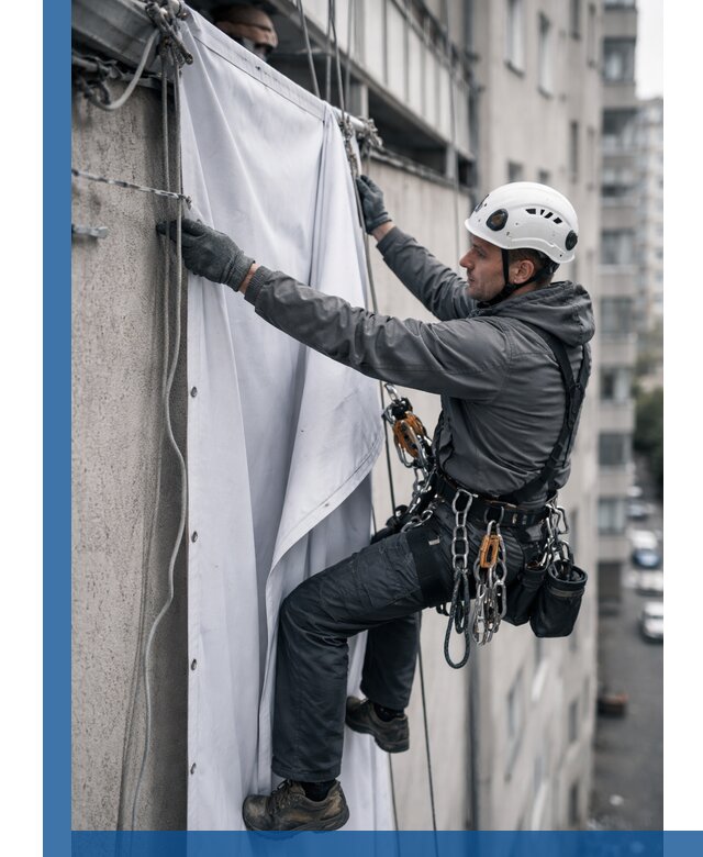 Замена баннерного полотна промышленными альпинистами в Искитиме