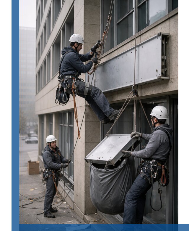 Демонтаж рекламной вывески с высотными работами в Искитиме