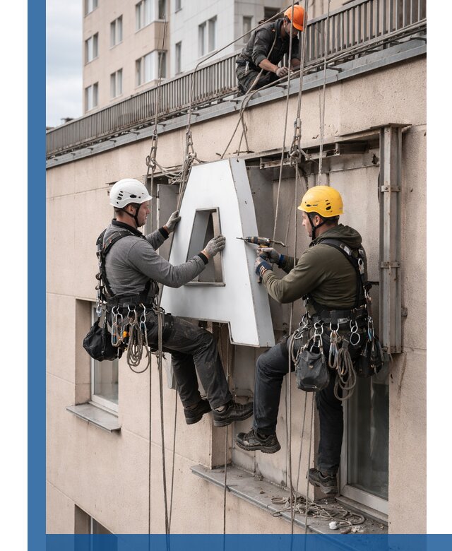 Ремонт и восстановление наружных вывесок на высоте в Искитиме