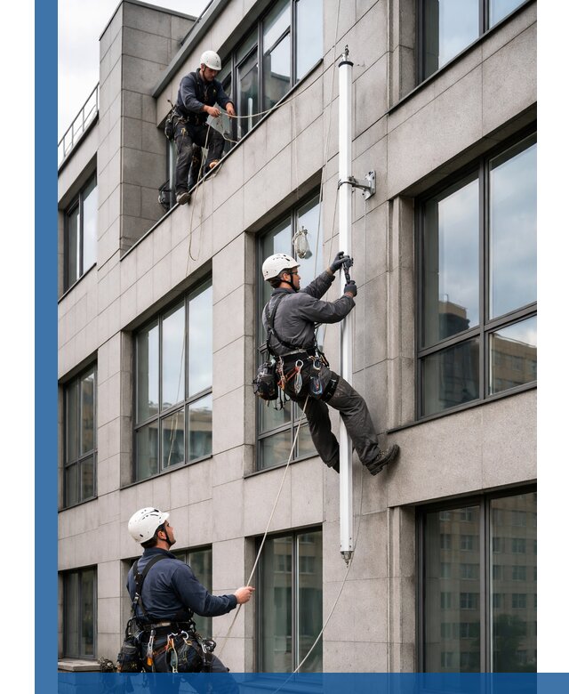 Монтаж флагштока на фасаде здания с креплением и герметикой в Искитиме