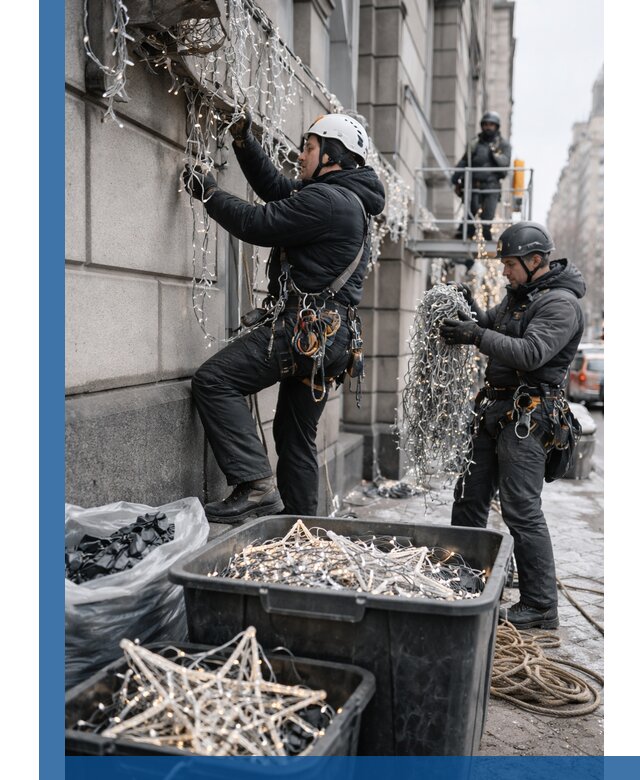 Демонтаж новогоднего оформления и гирлянд в Искитиме