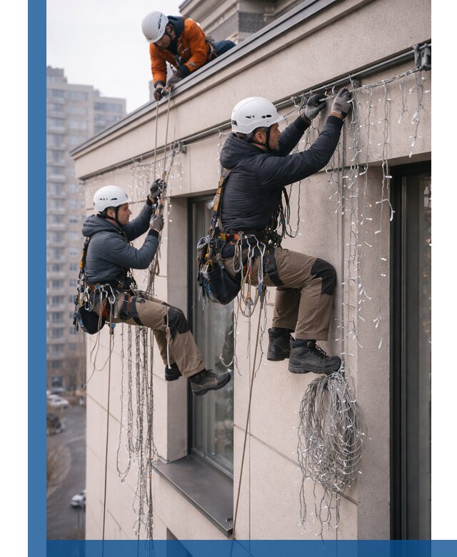 Монтаж праздничных гирлянд на фасаде в Искитиме для зданий