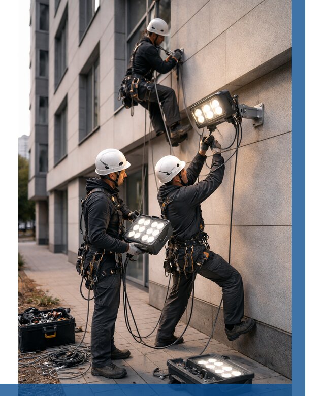 Монтаж прожекторов на фасаде в Искитиме от 7644 р. | ВЫСОТНИК-Скм