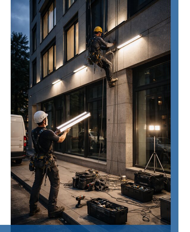 Монтаж архитектурной подсветки здания в Искитиме от 2548 р.|ВЫСОТНИК-Скм