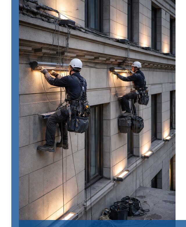 Монтаж архитектурной подсветки фасадов зданий в Искитиме