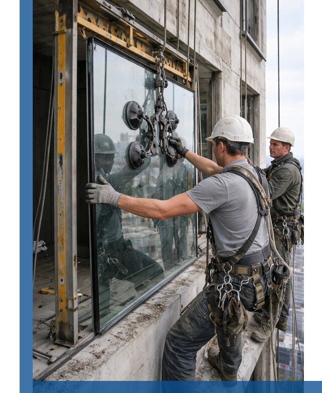 Монтаж стеклопакетов на высоте в Искитиме с промышленным альпинизмом