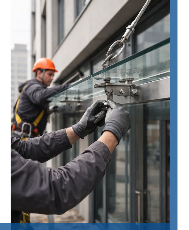 Монтаж стеклянных козырьков в Искитиме от 8663 р. | ВЫСОТНИК-Скм