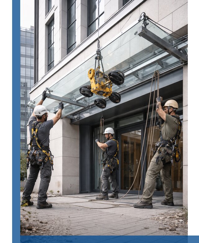 Монтаж стеклянных козырьков под ключ в Искитиме для зданий