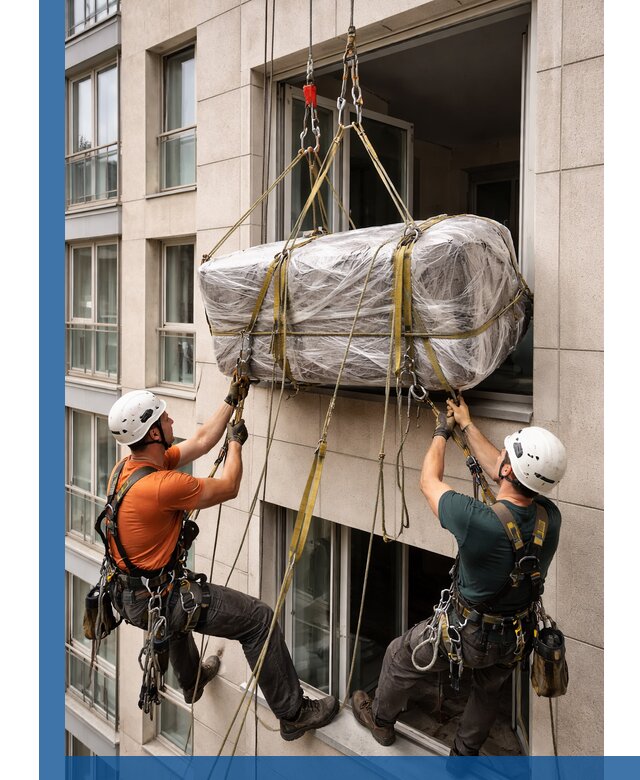 Подъем грузов через окно в Искитиме промышленными альпинистами