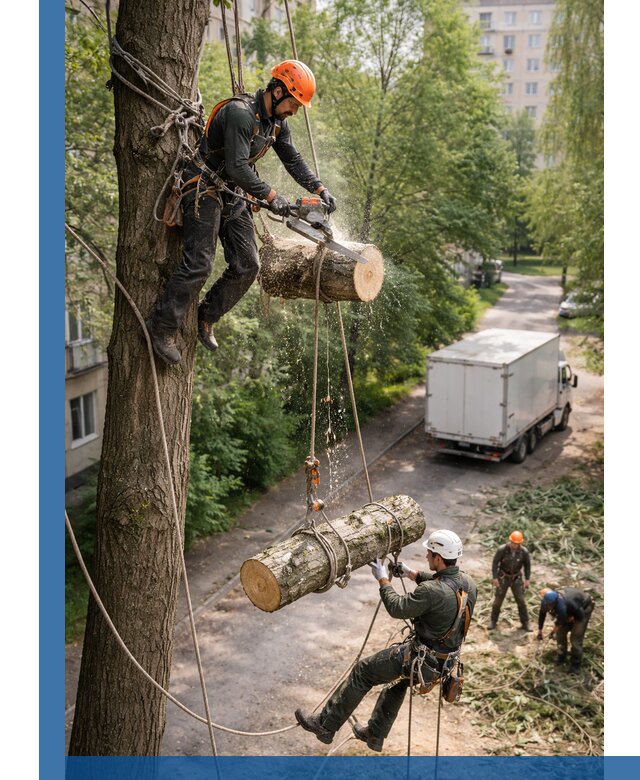 Спил деревьев альпинистами в Искитиме, безопасно и без повреждений