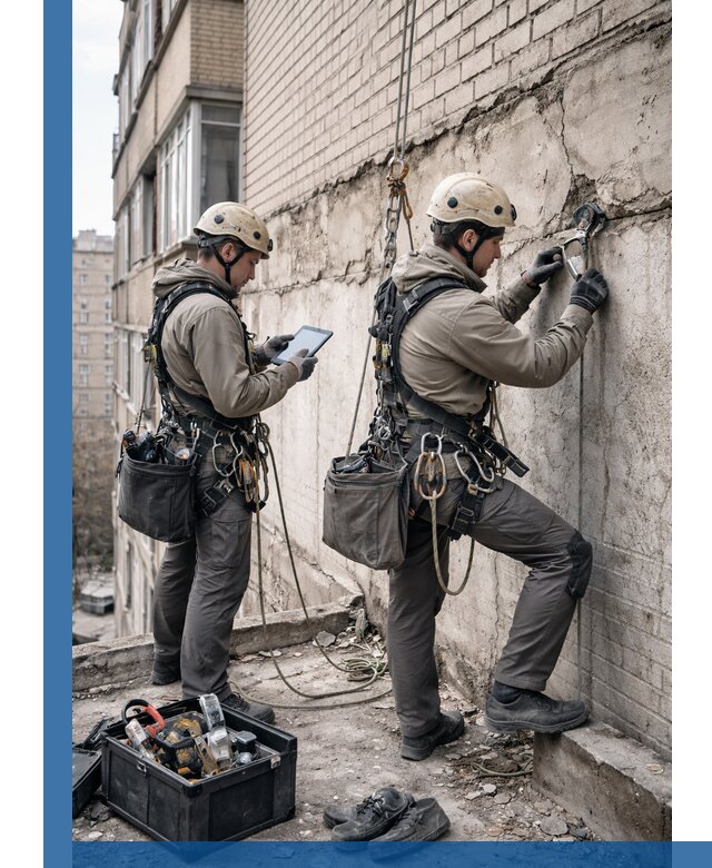 Обследование фасада промышленными альпинистами в Искитиме