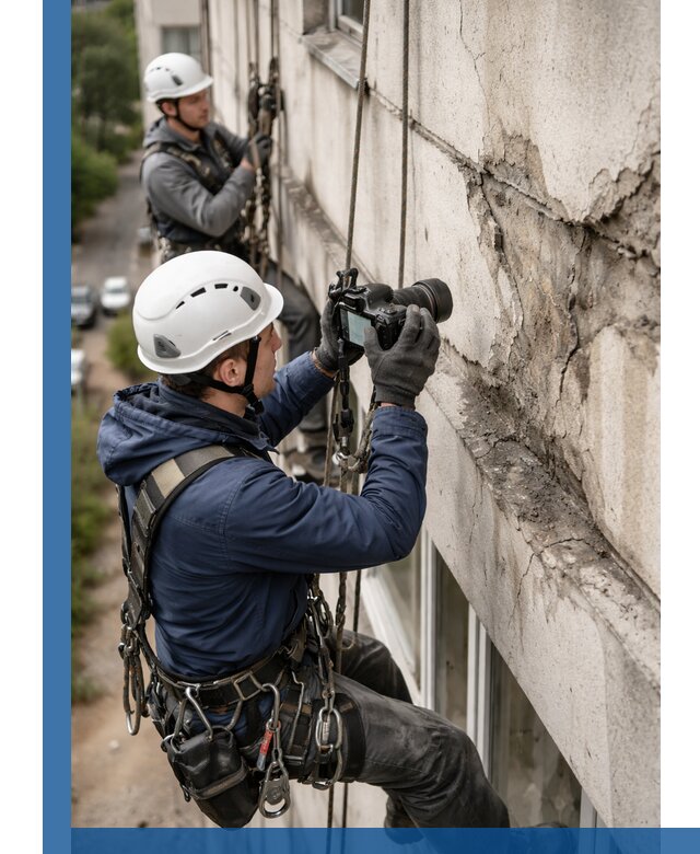 Фотофиксация дефектов фасада с высотной съемкой в Искитиме